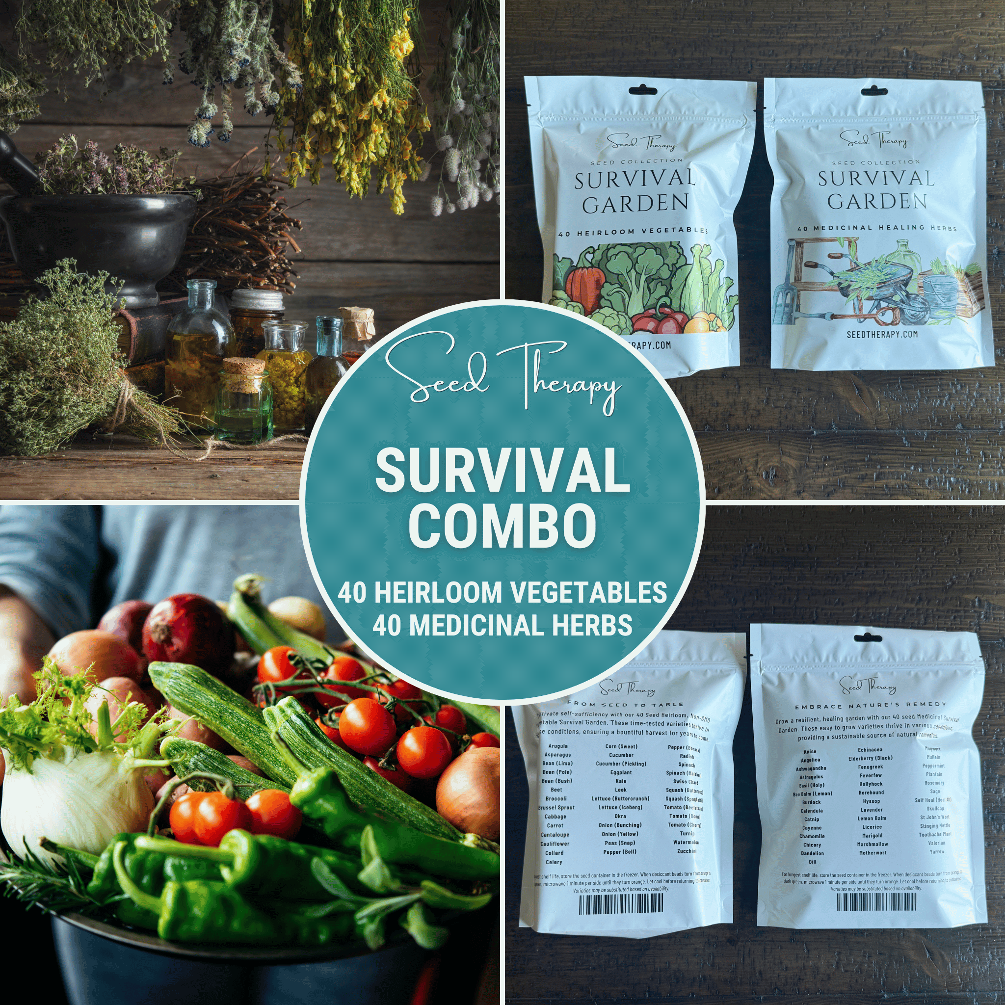 Survival Garden Combo – 40 Vegetable & 40 Medicinal Herb Varieties seed packet from Seed Therapy – American - grown, heirloom seeds