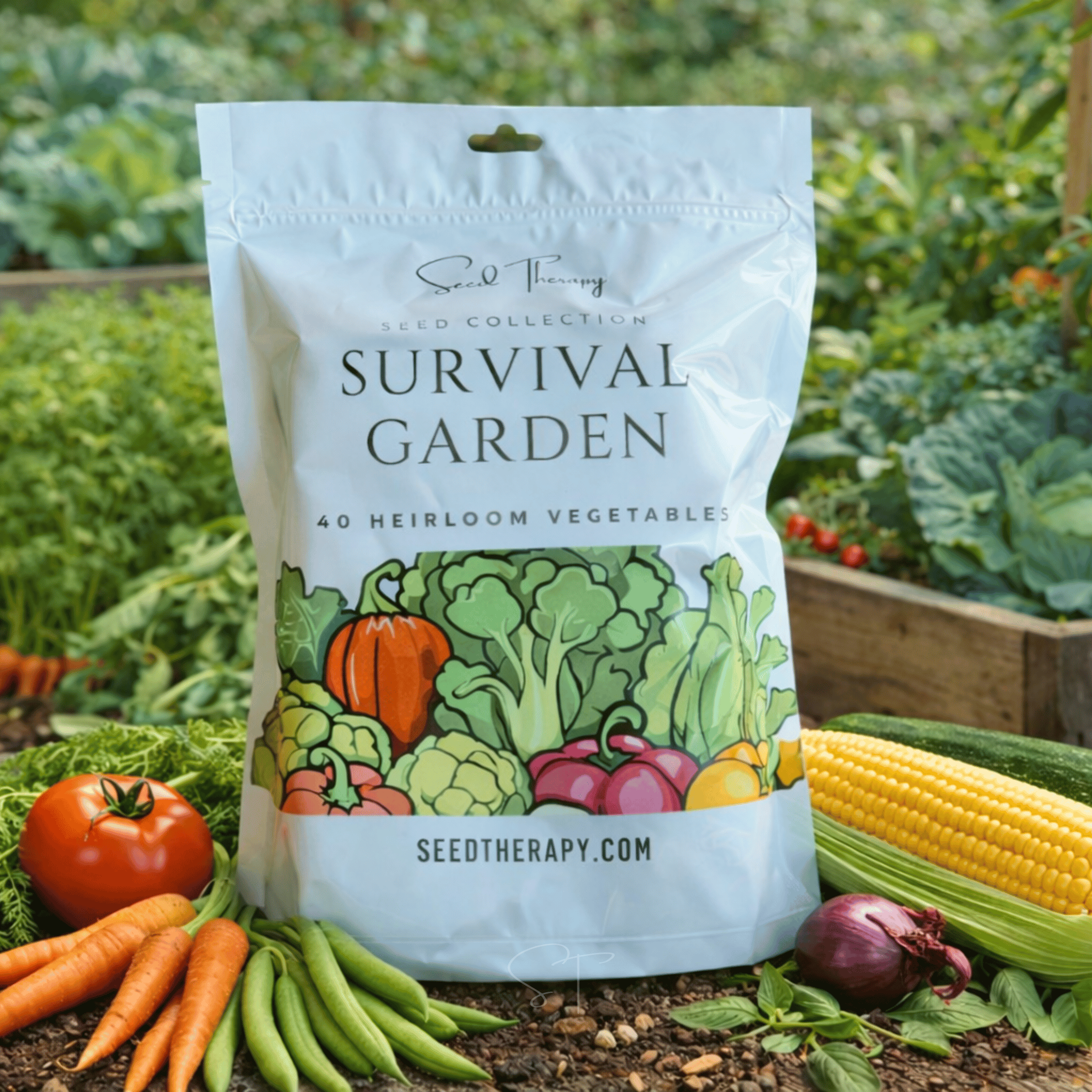 Survival Vegetable Garden – 40 Essential Crops seed packet from Seed Therapy – American - grown, heirloom seeds